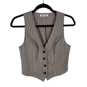 Reformation Devin Plaid Check V Neck Button Front Vest Cream Tan Black Size 4
